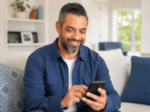 Hispanic man scheduling a comprehensive eye exam on his phone at home in Henderson, Nevada, with Wellish Abrams Vision Institute.