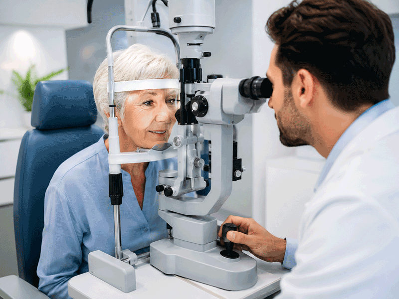 Senior woman receiving a slit lamp exam during a comprehensive eye exam in Henderson, Nevada, at Wellish Abrams Vision Institute.