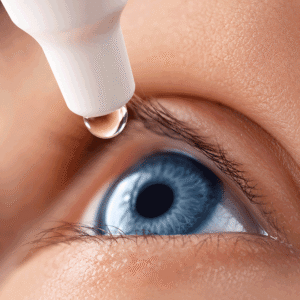 Close-up of eye drops being applied to a blue eye, illustrating glaucoma eye drops for Wellish Abrams Vision Institute.