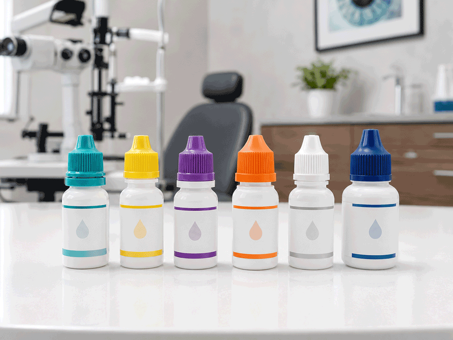 Lineup of glaucoma eye drop bottles on an eye exam room counter, illustrating common glaucoma eye drops at Wellish Abrams Vision Institute.