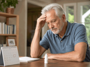Senior man looking concerned after missing a scheduled dose of glaucoma eye drops, illustrating medication routine support for Wellish Abrams Vision Institute.