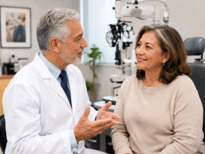 Senior eye doctor consulting with a 65-year-old woman in a modern exam room, illustrating glaucoma specialist Las Vegas care at Wellish Abrams Vision Institute.