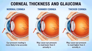 Medical graphic comparing normal, thinner, and thicker corneas, illustrating corneal thickness testing with a glaucoma specialist Las Vegas patients can see at Wellish Abrams Vision Institute.