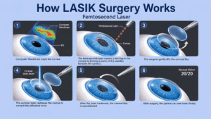 Illustration showing six steps of how LASIK surgery works, including corneal mapping, flap creation, laser reshaping, and flap repositioning, for patients asking is LASIK safe at Wellish Abrams Vision Institute.