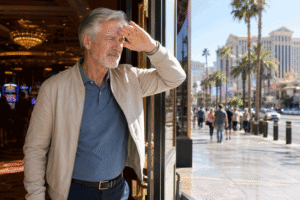 Man experiencing light sensitivity after walking outside from a casino onto the Las Vegas Strip, representing vision symptoms for patients asking is LASIK safe at Wellish Abrams Vision Institute.
