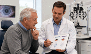 Senior patient discussing Light Adjustable Lens vs standard lens options with an eye doctor at Wellish Abrams Vision Institute