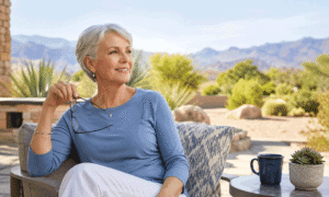 Senior woman enjoying clear distance vision while holding reading glasses, illustrating Light Adjustable Lens vs standard lens options at Wellish Abrams Vision Institute
