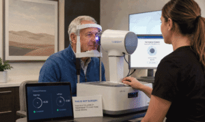 Senior patient receiving a Light Adjustable Lens follow-up treatment at Wellish Abrams Vision Institute.