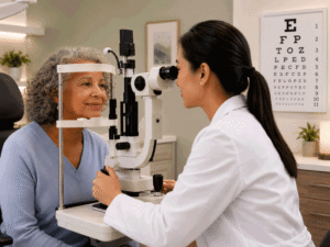 Eye doctor performing a slit lamp exam for a senior patient, illustrating medical eye exam vs routine eye exam at Wellish Abrams Vision Institute.
