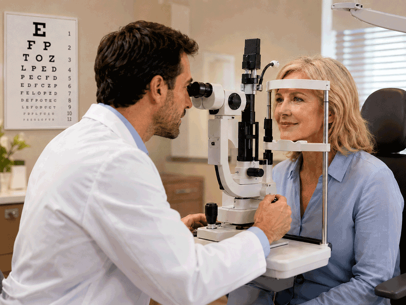 Eye doctor performing a slit lamp exam for a patient in a modern clinic, illustrating medical eye exam vs routine eye exam at Wellish Abrams Vision Institute.