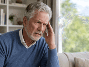 Senior man experiencing visual disturbance from an ocular migraine, illustrating vision changes and when to seek care to reduce glaucoma risk at Wellish Abrams Vision Institute.