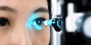 Close-up of a patient receiving an eye pressure test during an exam, illustrating what is glaucoma for Wellish Abrams Vision Institute.