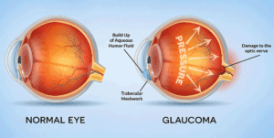 Medical diagram comparing a normal eye and glaucoma-related pressure buildup, illustrating what is glaucoma for Wellish Abrams Vision Institute.
