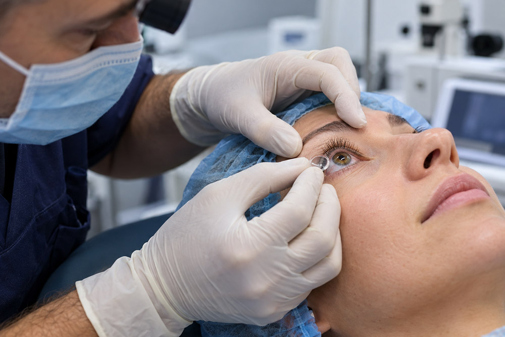 Doctor placing a protective bandage contact lens on a patient’s eye after PRK eye surgery.