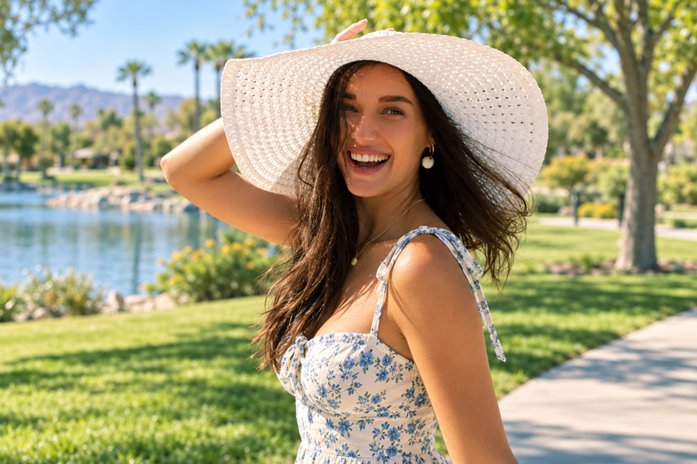 Smiling woman enjoying a sunny park after PRK eye surgery recovery.
